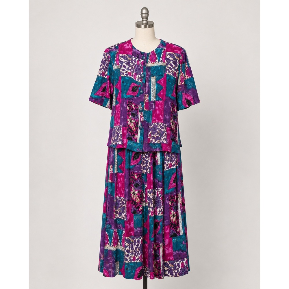 Vintage 90s Lady Damian 2 Piece Skirt Set Size 16 Rayon Abstract Patchwork NWT.